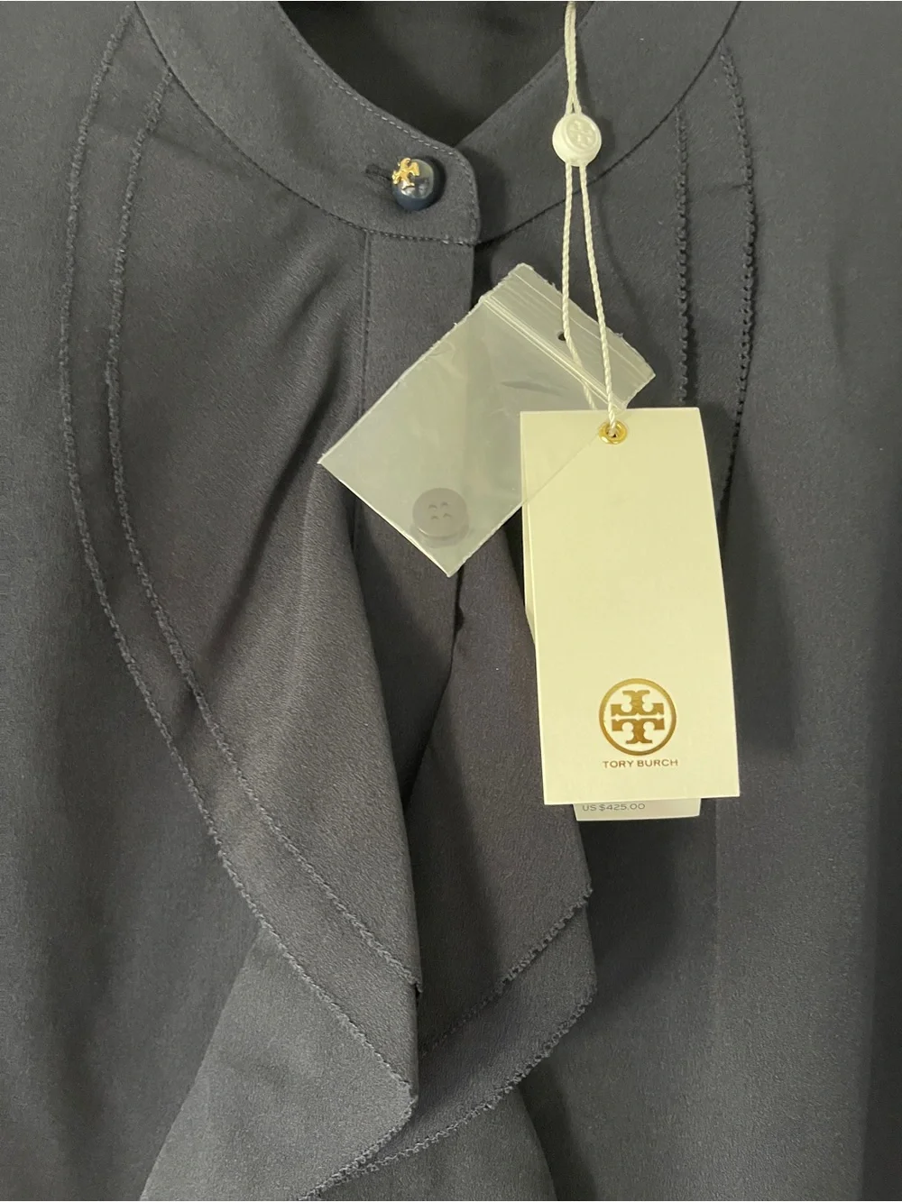 Tory Burch Navy Ruffle-Front Long Sleeve Dress
